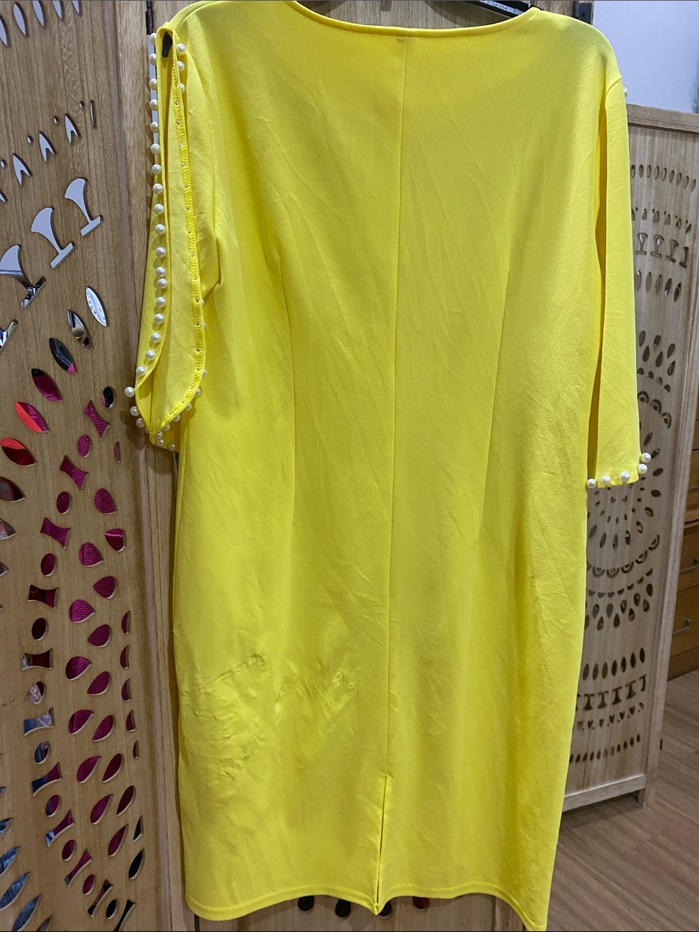 Yellow Midi Dress with Pearl-Trim Sleeves - Picture 7 of 7
